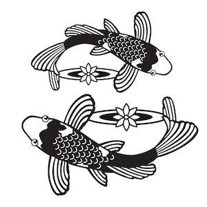 May include: Black and white line art illustration of two koi fish swimming in a pond with lily pads. The fish are stylized and have a traditional Japanese look.