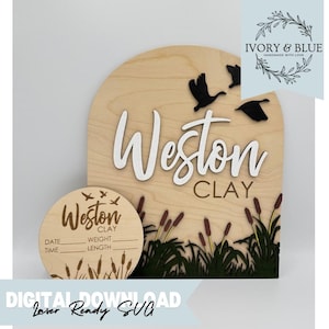DESCARGA DIGITAL Letrero fotográfico para anunciar el nombre del bebé / SVG / Grabador láser / Archivo de corte / Caza de patos / Género neutro / Estadísticas de nacimiento