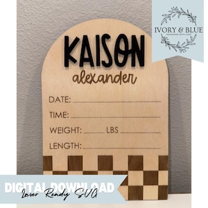 DOWNLOAD DIGITALE Cartello per annuncio del nome del bambino / SVG / Incisore laser / File di taglio / Genere neutro per maschio / Statistiche di nascita / Scacchiera