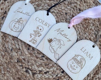 Personalized Halloween Basket Tags | Custom Wooden Name Tags for Kids | Trick or Treat Bucket Tags | Engraved Halloween Gift Tags