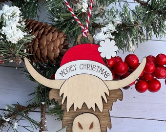 Mooey Christmas Ornament | Highland Cow Home Decor | Funny Christmas | Personalized Tree Decor | Cute Wood Ornament | Santa Hat | Fluffy Cow