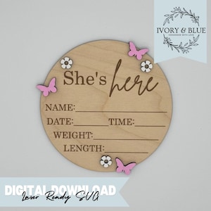 DESCARGA DIGITAL Letrero fotográfico para anunciar el nombre del bebé / SVG / Grabador láser / Archivo de corte / Revelación de género / Estadísticas de nacimiento / Niña / Flores
