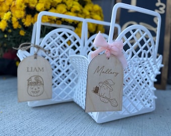 Personalized Halloween Basket Tags | Custom Wooden Name Tags for Kids | Trick or Treat Bucket Tags | Engraved Halloween Gift Tags