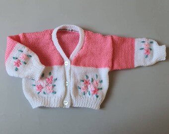 vintage hand knitted and hand embroidered personalised name baby cardigan 9-12 months approx