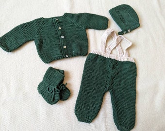 0-3 months approx, hand knitted and hand embroidered personalised name baby cardigan, dungarees, bonnet & booties set. Perfect new baby gift
