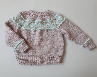 6-9 months approx, hand knitted and hand embroidered personalised name baby jumper