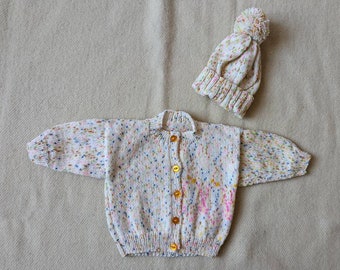 9-12 months approx, hand knitted and hand embroidered personalised name baby cardigan and bobble hat set