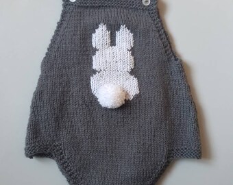 0-3 months approx, hand knitted and hand embroidered personalised name baby romper | easter romper | easter bunny pom pom