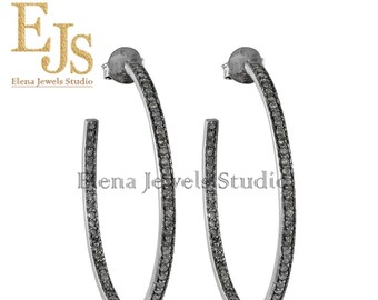 Pave Diamond Earring, Diamond Hoop Earrings, White Diamond Hoop Earring, 925 & 14K Gold Hoop Diamond Earrings