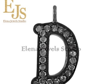 925 Silver & Pave Diamond Initial Pendant, Silver Oxidised And Diamond Letter D Pendant, Silver And Diamond Birthday Gift Pendant