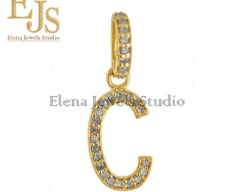 14kGold diamond initial pendant, White diamond initial pendant, Gold diamond initial, handmade pendant initial Pendant, Pave Diamond initial