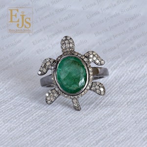Pave Diamond & 925 Silver Tortoise Ring, Silver And Brown Diamond Ring, Diamond And Gemstone Ring, Emerald And Diamond Good Luck Ring
