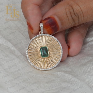 14K Beautiful Round Shape Gold & Diamond Pendant, Gemstone And Gold Diamond Pendant, Emerald And Diamond Round Shape pendant