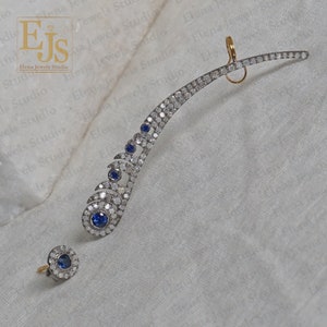 Pave Diamond 925 Silver & Gold Ear Cuff, Silver And Diamond Ear Cuff, Diamond And Gemstone Cuff, Diamond And Blue Sapphire 58X8 MM Ear Cuff