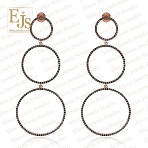 14K Gold Pave Diamond Dangle And Drop Earring, Black Diamond Dangle Earring, Round Shape Black Diamond Long Earring, 15*80MM Dangle Earring