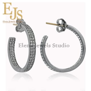 925 silver pave diamond hoop earring, silver and diamond hoop earring, 25mm diamond hoop earring, handmade jewelry, gift for her
