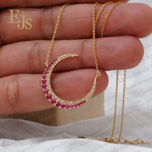 Solid Yellow Gold Crescent Moon Pendant, 14k Gold diamond & Ruby Gemstone Pendant, Ruby and White Diamond Necklace, Gold Crescent Moon charm