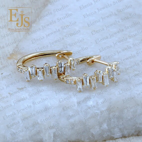 14K Solid Gold Baguette Diamond Hoop Earrings Sparkling Cluster