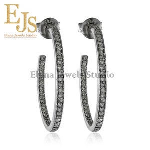 Silver Hoop Earrings, Pave Diamond Earring, Diamond Hoop Earrings, White Diamond Hoop Earring, 925 & 14K Gold Hoop Diamond Earrings