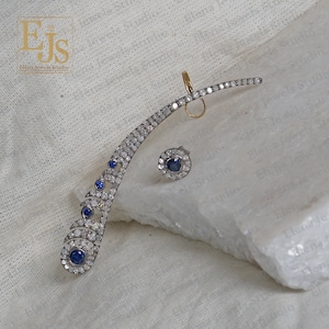 Pave Diamond 925 Silver & Gold Ear Cuff, Silver And Diamond Ear Cuff, Diamond And Gemstone Cuff, Diamond And Blue Sapphire 58X8 MM Ear Cuff