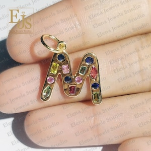 14K Gold Multi Sapphire M Initials, Yellow gold Multi Colorful M pendant, Gemstone M initials, Gold M Initials, A To Z Gold Initials Pendant