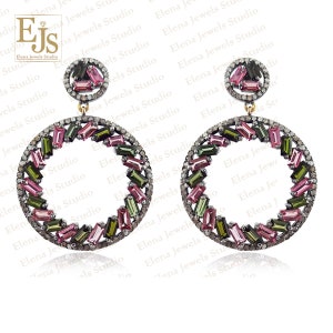 Pendientes de plata con turmalina y diamantes pavé: pendientes colgantes para fiestas.