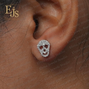 14k Gold Skull Stud Earrings: Pave Diamond Accent