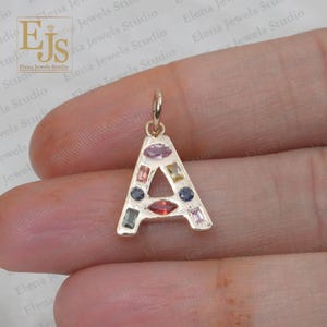 14K Yellow Gold Multi-Sapphire A Initial Pendant, 14K Gold Multi Colorful A pendant, A initials, 14K R Initials, Alphabetic Initial Pendant
