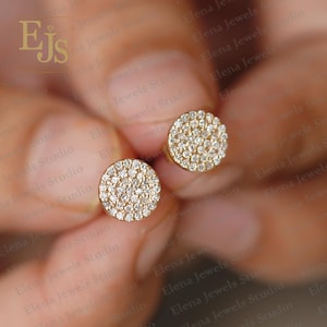 14K Gold Pave Diamond Stud Earrings: Round Disc Design
