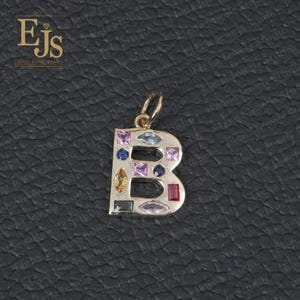 14K Yellow Gold Multi-Sapphire B Initial Pendant, 14K Gold Multi Colorful B pendant, B initials, 14K B Initials, Alphabetic Letter Initials