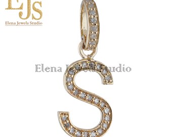 14K Solid Yellow gold S Initial Pendant, Handmade Diamond Initial Gold Pendant, Pave diamond Pendant, Pave Diamond jewelry, Initial Pendant