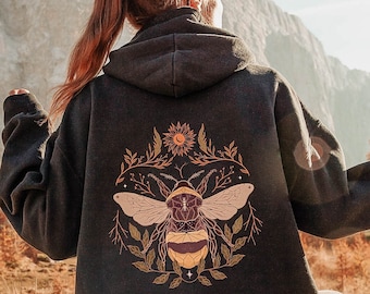 Cottagecore Bumblebee Hoodie, Boho Fall Bee Hoodie, Botanical Insect Hoodie, Mystical Bumble Bee Hoodie, Forestcore Bumblebee Pullover