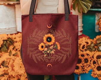 Boho Sunflower Tote Bag, Mystical Flower Tote Bag, Magical Celestial Bags, Witchy Moon Tote Bag, Sunflower Lover Gift, Botanical Tote Bag