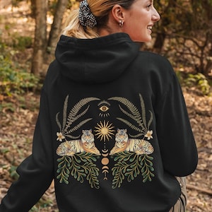 Mystical Tiger Graphic Hoodie, Celestial Tiger Hoodie, Floral Botanical Pullover, Witchy Moon Hoodie, Evil Eye Hoodie, Forestcore Clothing