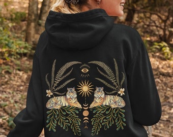 Mystical Tiger Graphic Hoodie, Celestial Tiger Hoodie, Floral Botanical Pullover, Witchy Moon Hoodie, Evil Eye Hoodie, Forestcore Clothing