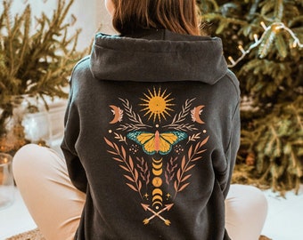 Fairycore Butterfly Hoodie, Cottagecore Clothes, Boho Moon Phase Pullover, Forestcore Botanical Hoodie, Luna Moth Shirt, Goblincore Clothing