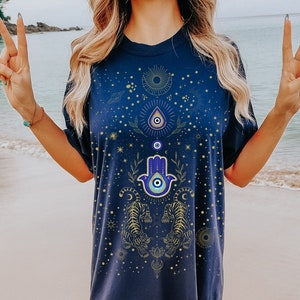 Trendy Boho Summer Tee Shirt, Mystic Evil Eye Shirt, Witchy Tiger Tee, Hamsa Hand Tee, Magical Plant Shirt, Mystical Stars And Moon Shirt