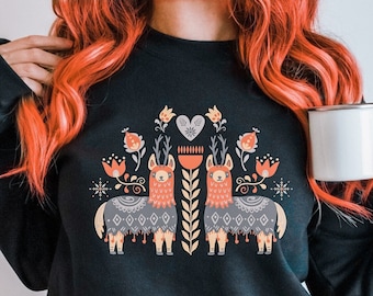 Scandinavian Christmas Sweater, Christmas Llama Folk Art Sweatshirt, Cute Llama Shirt, Norwegian Folk Art Pullover, Holiday Crewneck