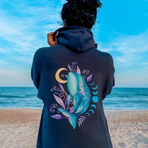 Cute Whale Fish Hoodie, Celestial Animal Sweater, Marine Biology Graphic Hoodie, Mystical Moon Phase Pullover, Marine Life Whales Hoodie