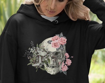 Floral Skull Hoodie, Botanical Skeleton Hoodie, Dark Academia Clothing, Flower Skull Pullover, Aesthetic Indie Grunge Hoodie,