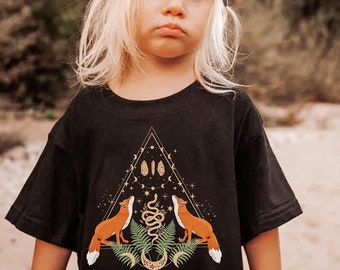 Cute Celestial Fox Kids Tee, Mystical Moon Phase Kids T Shirt, Magical Forest Animal Toddler Kids Shirt, Cottagecore Kids Shirt