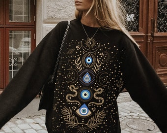 Trendy Boho Snake Sweatshirt, Mystic Evil Eye Pullover, Witchy Snakes Sweater, Cosmic Magical Moon Pullover, Mystical Stars And Moon Sweater