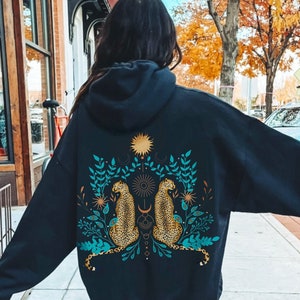 Wild Cat Cheetah Leopard Hoodie, Magical Forest Botanical Hoodie, Celestial Clothes, Aesthetic Big Cat Hoodie, Witchy Animals Hoodie