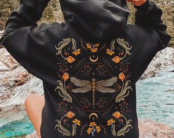 Mystical Dragonfly Hoodie, Cottagecore Botanical Hoodie, Fairy Core Animal Hoodie, Boho Floral Hoodie, Forestcore Aesthetic Clothes