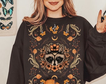 Cottagecore Raccoon Sweatshirt, Botanical Floral Sweater, Mystical Racoon Pullover, Celestial Animal Sweatshirt, Cottage Core Clothes