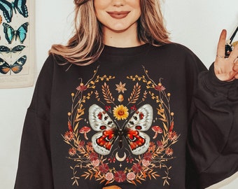 Autumn Boho Butterfly Sweatshirt, Fall Nature Floral Botanical Sweater, Boho Moon Pullover, Dried Leaves Sweatshirt, Cottagecore Clothing