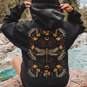 Mystical Dragonfly Hoodie, Cottagecore Botanical Hoodie, Fairy Core Animal Hoodie, Boho Floral Hoodie, Forestcore Aesthetic Clothes