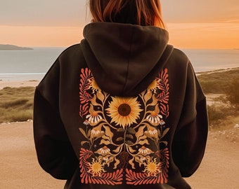 Boho Sunflower Hoodie, Whimsical Floral Hoodie, Cottagecore Flowers Hoodie, Vintage Sunflower Hoodie, Cottagecore Fairycore Clothes