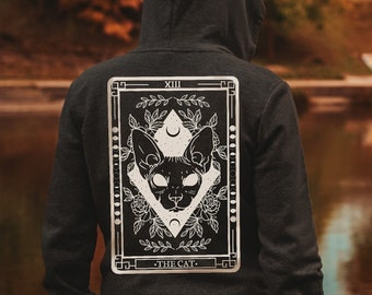 Sphynx Witchy Cat Tarot Card Hoodie, Witchy Moon Phase Hoodie, Celestial Mystical Cat Hoodie, Black Cat Lover Gift, Witchy No Fur Cat Hoodie