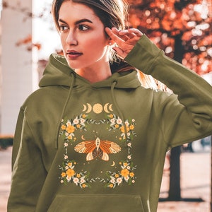Cottagecore Moth Hoodie, Moon Phase Hoodie, Cottagecore Goblincore Clothes, Nature Floral Botanical Pullover, Luna Moth Hoodie image 1